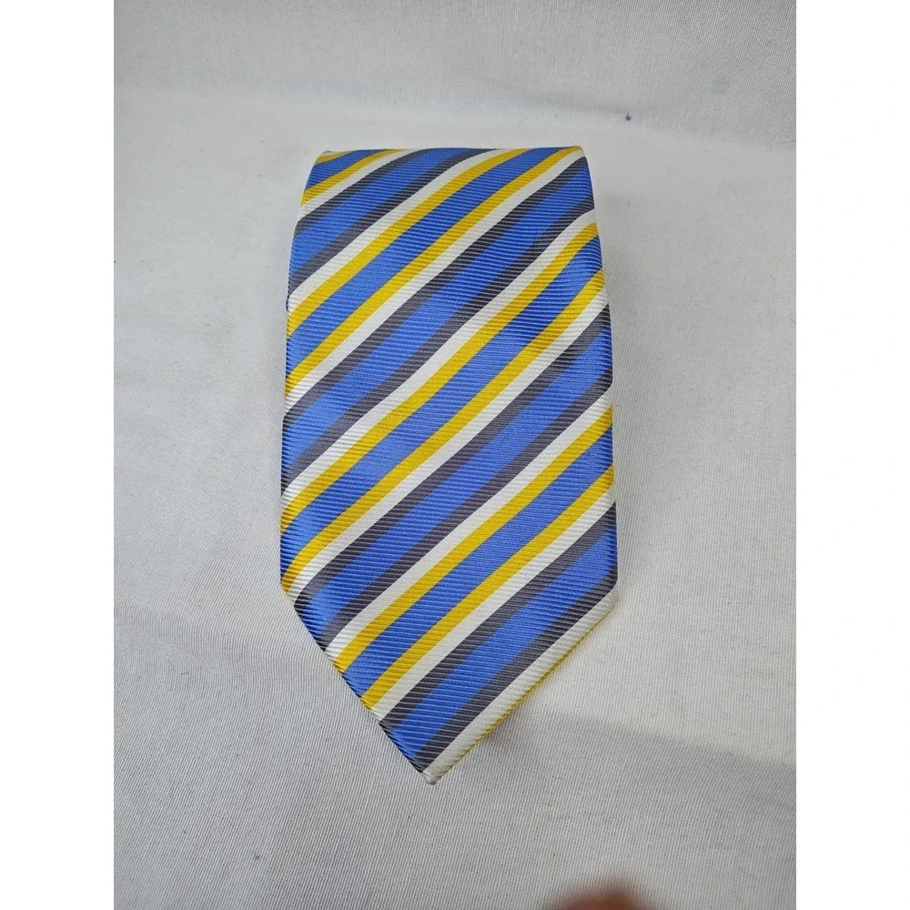 Hugo Boss Men's Tie Blue Yellow Stripe‎ Silk Necktie Made In Italy MOD 60